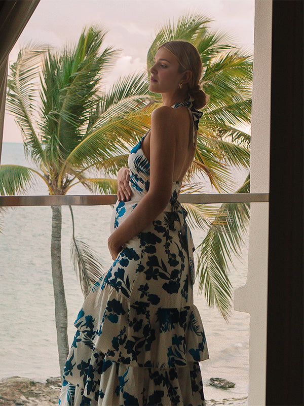 fotobeyou Blue Floral Cake Ruffle Tie Flowy Halter Neck Elegant Vacation Photoshoot Baby Shower Maternity Maxi Dress