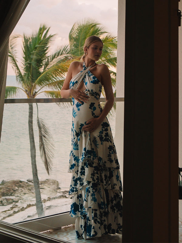 fotobeyou Blue Floral Cake Ruffle Tie Flowy Halter Neck Elegant Vacation Photoshoot Baby Shower Maternity Maxi Dress