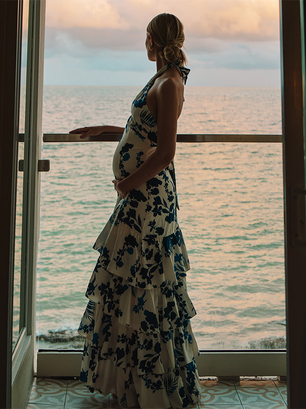 fotobeyou Blue Floral Cake Ruffle Tie Flowy Halter Neck Elegant Vacation Photoshoot Baby Shower Maternity Maxi Dress