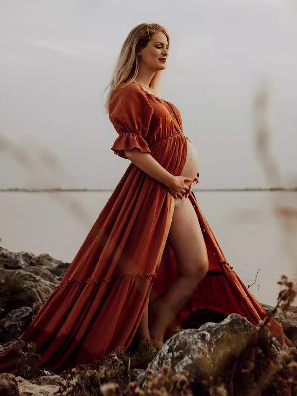 fotobeyou Off Shoulder Buttons Front Slit Open Train Elegant Photoshoot  Maternity Maxi Dress
