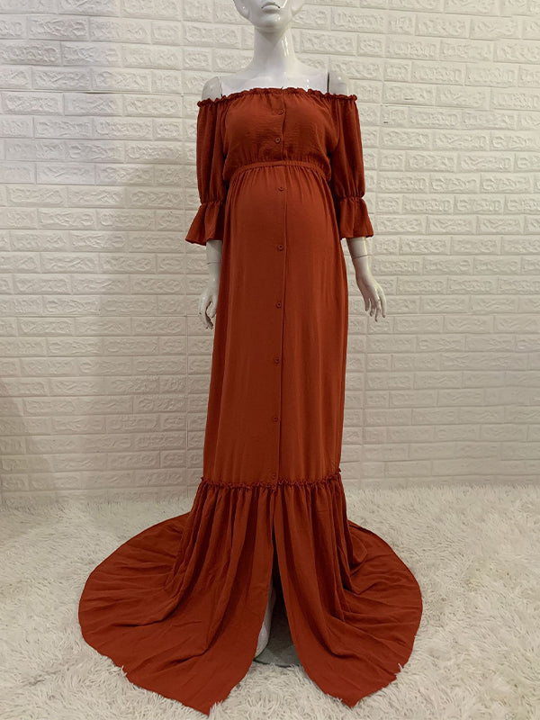 fotobeyou Off Shoulder Buttons Front Slit Open Train Elegant Photoshoot  Maternity Maxi Dress