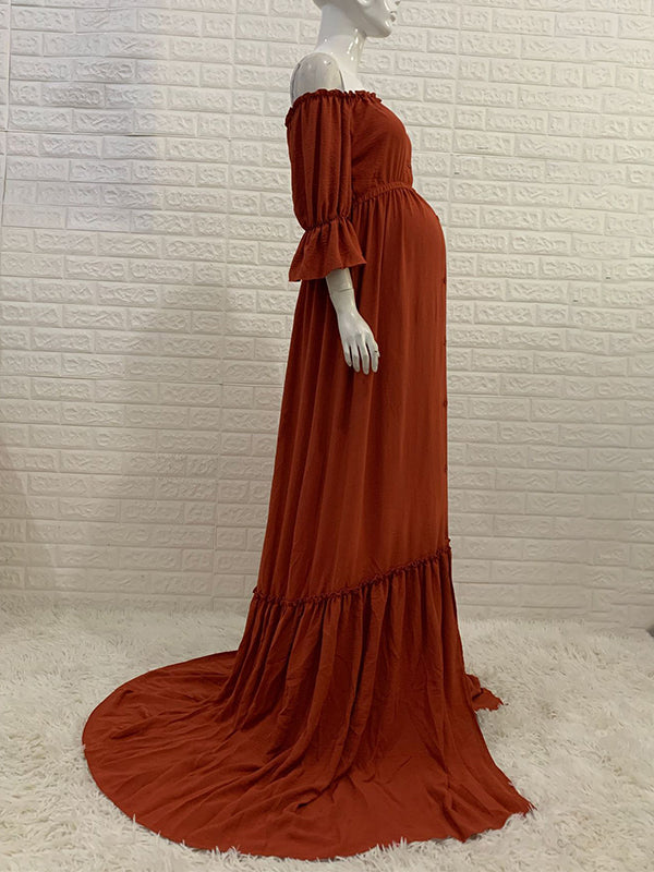 fotobeyou Off Shoulder Buttons Front Slit Open Train Elegant Photoshoot  Maternity Maxi Dress