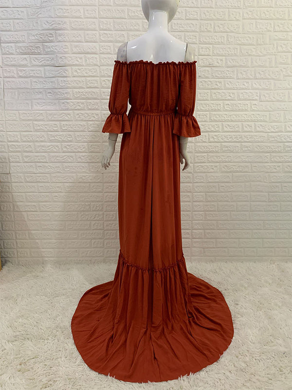 fotobeyou Off Shoulder Buttons Front Slit Open Train Elegant Photoshoot  Maternity Maxi Dress