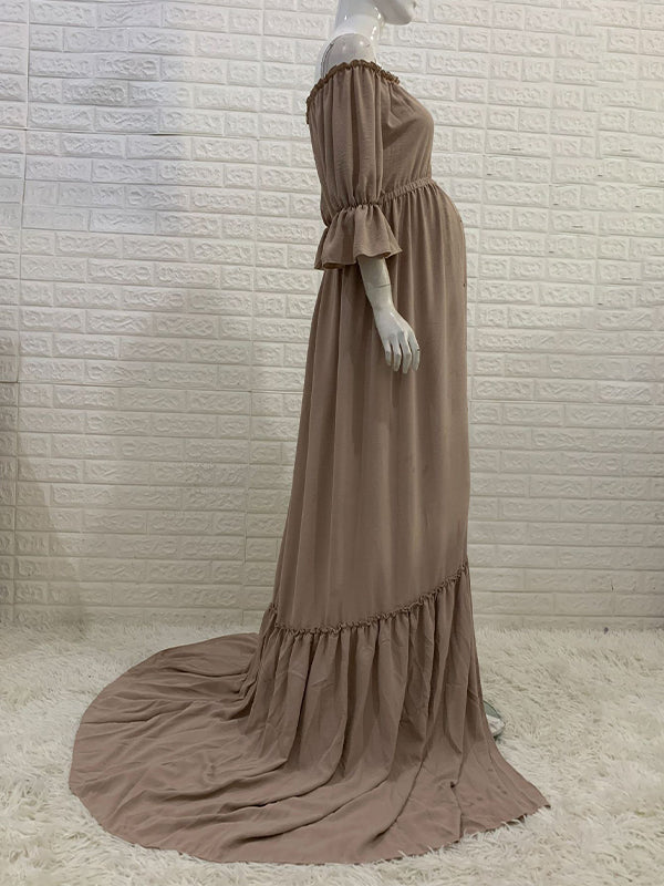 fotobeyou Off Shoulder Buttons Front Slit Open Train Elegant Photoshoot  Maternity Maxi Dress