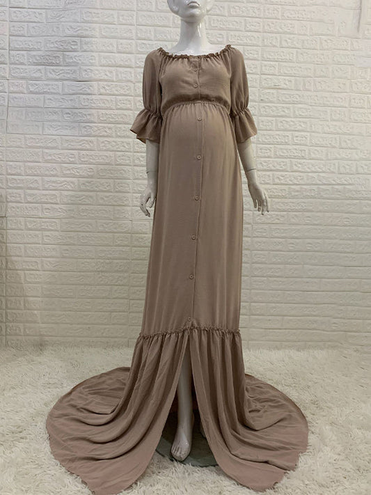 fotobeyou Off Shoulder Buttons Front Slit Open Train Elegant Photoshoot  Maternity Maxi Dress