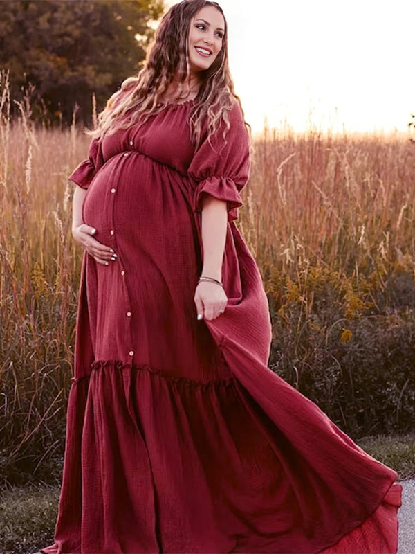 fotobeyou Off Shoulder Buttons Front Slit Open Train Elegant Photoshoot  Maternity Maxi Dress