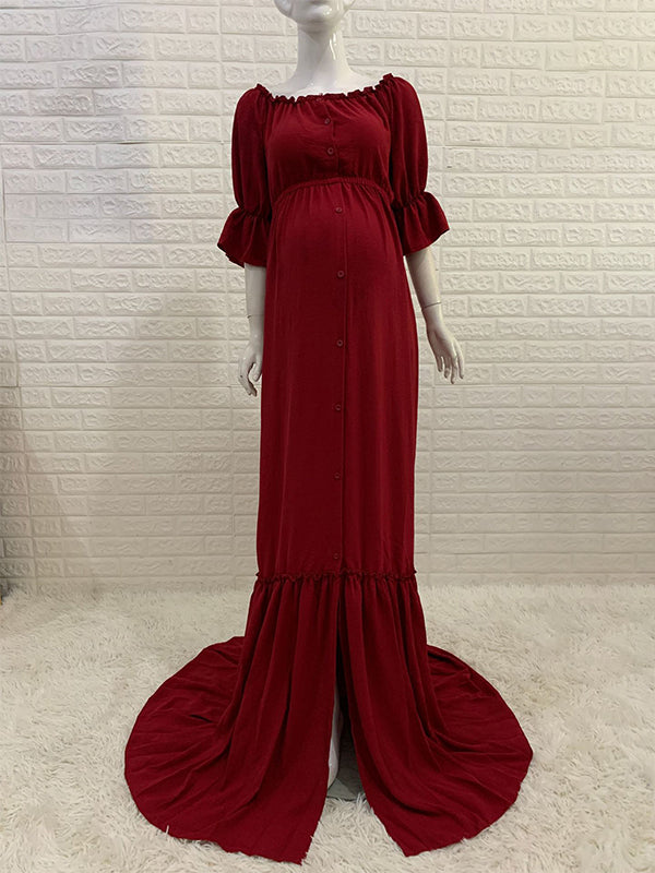 fotobeyou Off Shoulder Buttons Front Slit Open Train Elegant Photoshoot  Maternity Maxi Dress