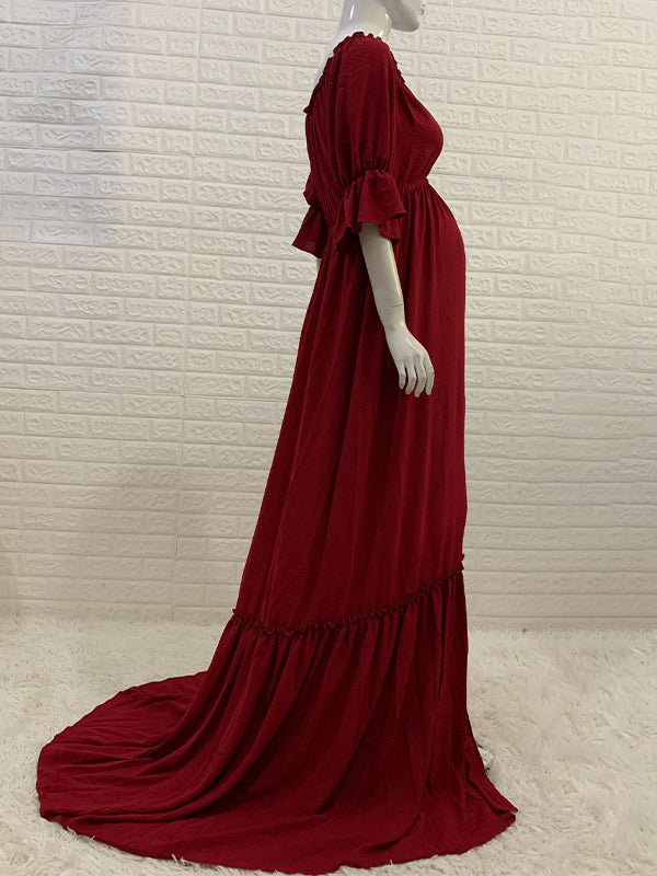 fotobeyou Off Shoulder Buttons Front Slit Open Train Elegant Photoshoot  Maternity Maxi Dress
