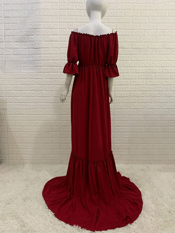 fotobeyou Off Shoulder Buttons Front Slit Open Train Elegant Photoshoot  Maternity Maxi Dress