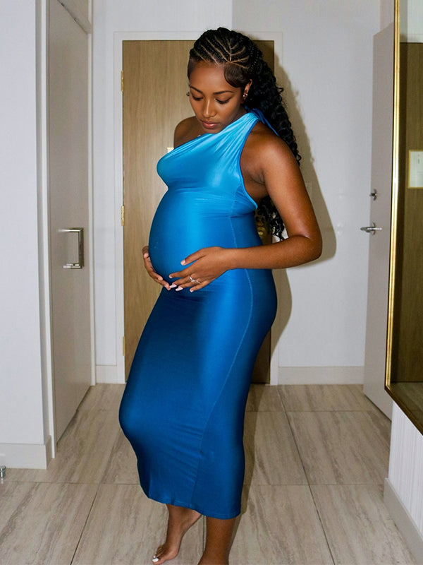 fotobeyou Blue Gradient Color Halter Neck Backless One-Shoulder Bodycon Mermaid Tie Back Cocktail Party Gown Baby Shower Maternity Maxi Dress