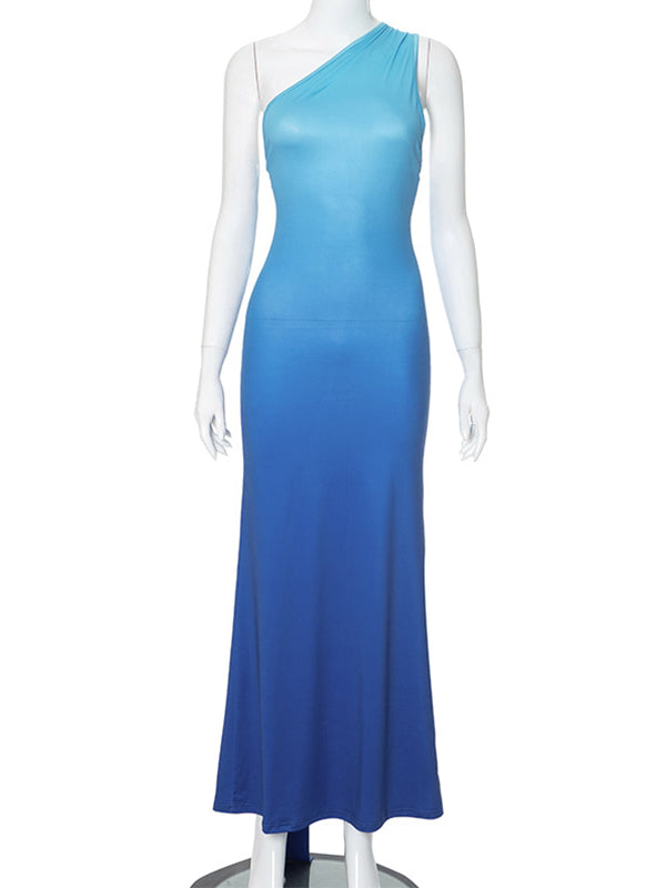 fotobeyou Blue Gradient Color Halter Neck Backless One-Shoulder Bodycon Mermaid Tie Back Cocktail Party Gown Baby Shower Maternity Maxi Dress