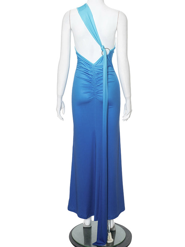 fotobeyou Blue Gradient Color Halter Neck Backless One-Shoulder Bodycon Mermaid Tie Back Cocktail Party Gown Baby Shower Maternity Maxi Dress