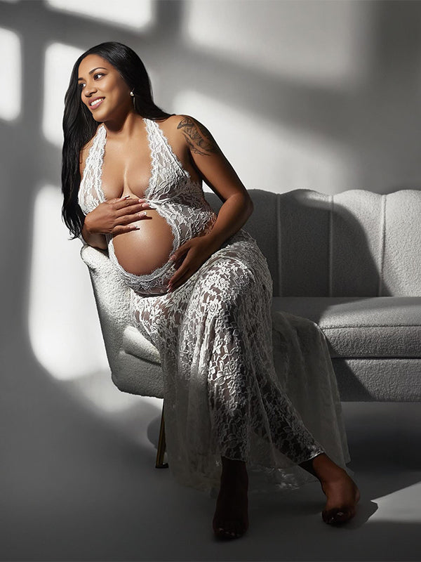 fotobeyou White Lace Cut Out Backless Mermaid Sheer Elegant Photoshoot Maternity Maxi Dress