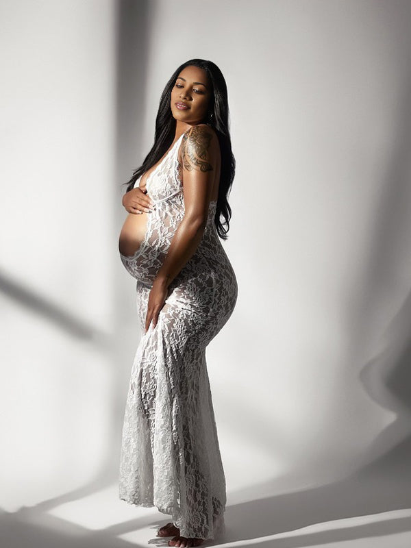 fotobeyou White Lace Cut Out Backless Mermaid Sheer Elegant Photoshoot Maternity Maxi Dress