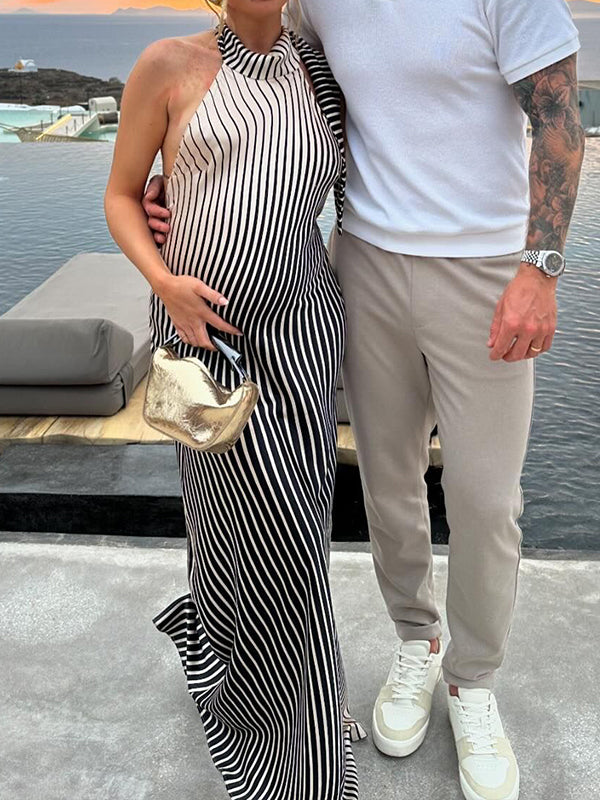fotobeyou White And Black Striped Satin Backless Halter Neck Sleveless Mermaid Elegant Cocktail Party Maternity Photoshoot Baby Shower Maxi Dress