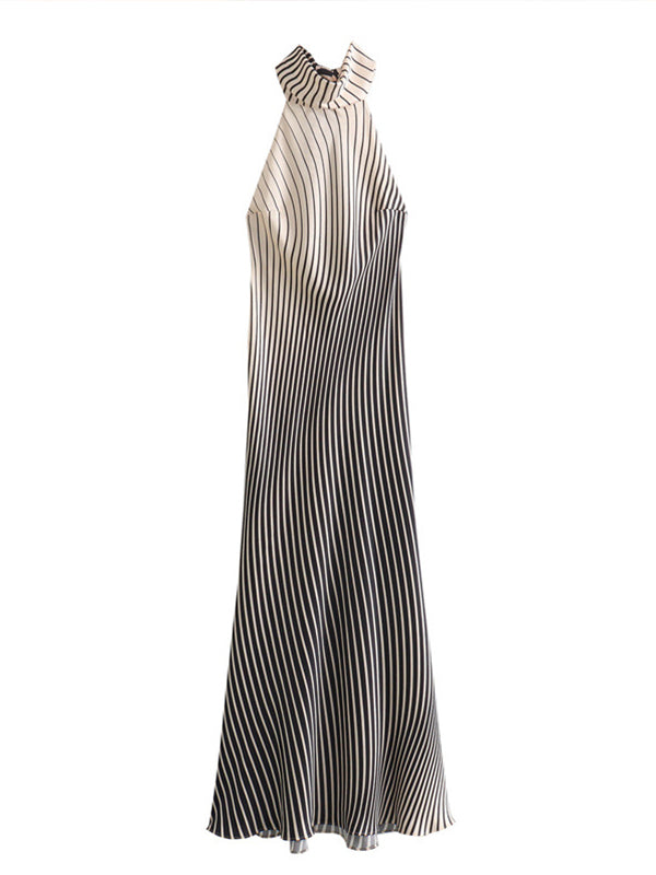 fotobeyou White And Black Striped Satin Backless Halter Neck Sleveless Mermaid Elegant Cocktail Party Maternity Photoshoot Baby Shower Maxi Dress