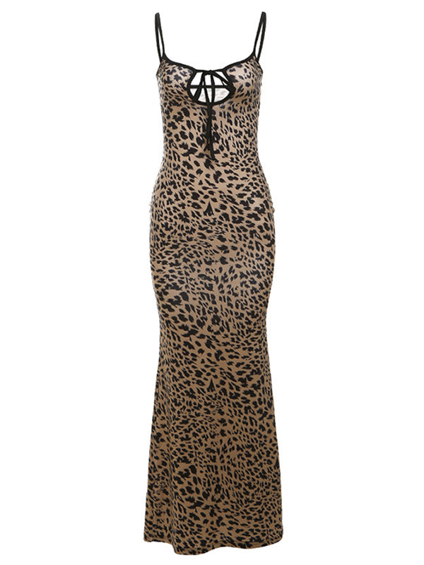 fotobeyou Leopard Cut Out Lace-Up Knot Front Cami Bodycon Chic Cocktail Party Going Out Maternity Photoshoot Baby Shower Maxi Dress
