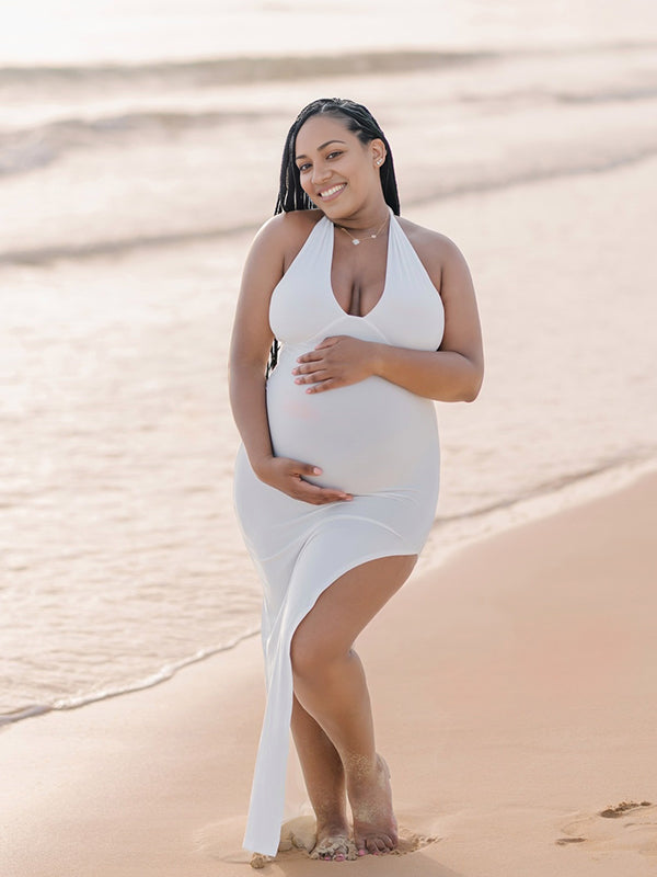 fotobeyou White Side Slit Halter Neck Backless Deep V-neck Bodycon Elegant Cocktail Party Gown Maternity Photoshoot Baby Shower Maxi Dress