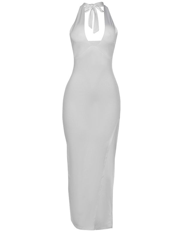 fotobeyou White Side Slit Halter Neck Backless Deep V-neck Bodycon Elegant Cocktail Party Gown Maternity Photoshoot Baby Shower Maxi Dress