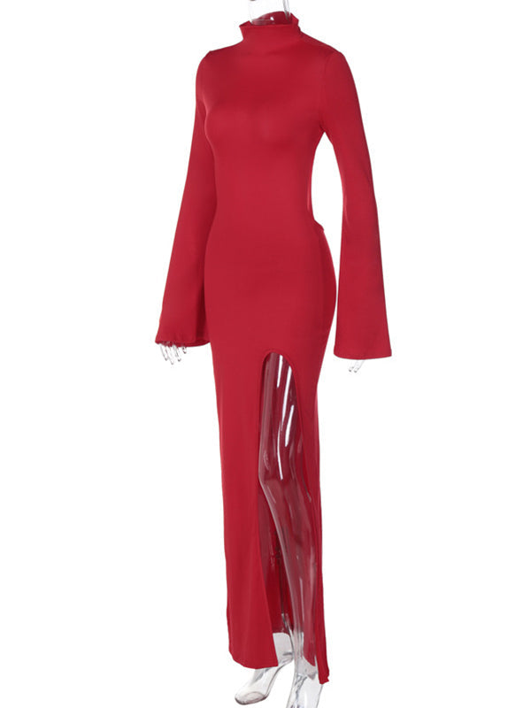 fotobeyou Red Backless Side Slit Bodycon Flare Sleeve Chic Photoshoot Maternity Maxi Dress