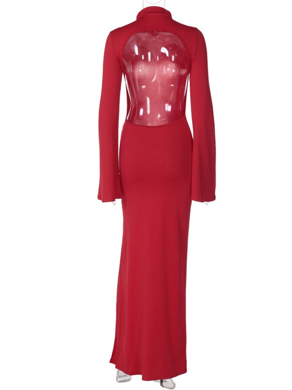 fotobeyou Red Backless Side Slit Bodycon Flare Sleeve Chic Photoshoot Maternity Maxi Dress
