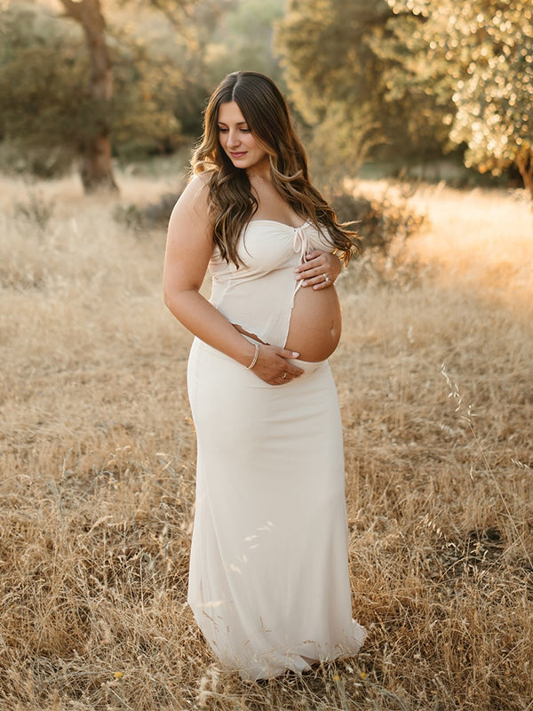 fotobeyou Apricot Crop Bandeau Chest Lace-up 2-in-1 Bodycon Mermaid Elegant Photoshoot Maternity Maxi Dress