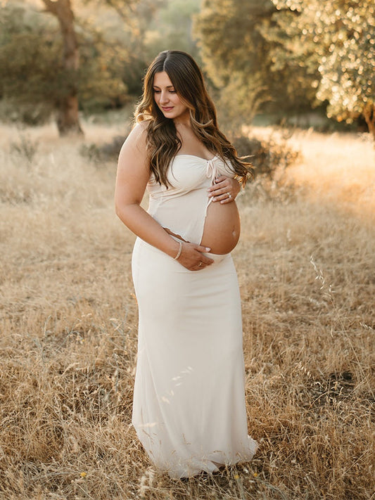 fotobeyou Apricot Crop Bandeau Chest Lace-up 2-in-1 Bodycon Mermaid Elegant Photoshoot Maternity Maxi Dress