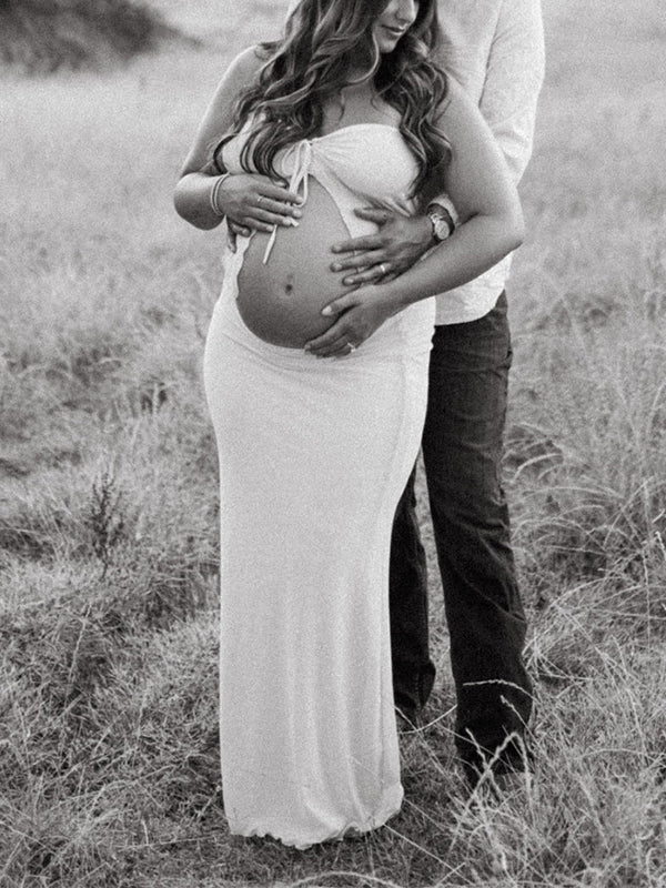 fotobeyou Apricot Crop Bandeau Chest Lace-up 2-in-1 Bodycon Mermaid Elegant Photoshoot Maternity Maxi Dress