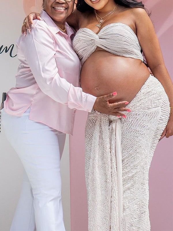 fotobeyou White Cross Chest Bandeau Backless Lace Crop Front Draped 2-in-1 Lace-up Bodycon Baby Shower Maternity Maxi Dress