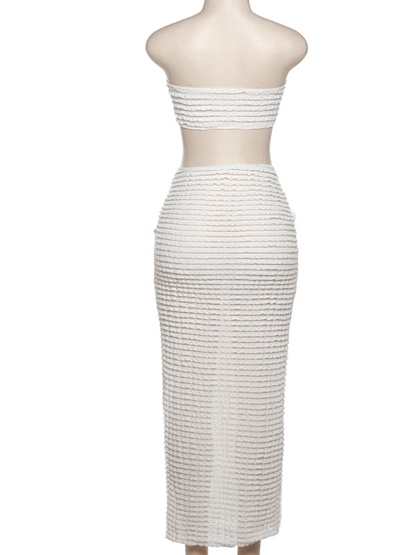 fotobeyou White Cross Chest Bandeau Backless Lace Crop Front Draped 2-in-1 Lace-up Bodycon Baby Shower Maternity Maxi Dress