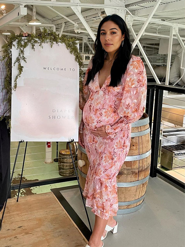 fotobeyou Pink Floral Smocked Mermaid Deep V-neck Lantern Sleeve Elegant Cocktail Party Maternity Photoshoot Baby Shower Maxi Dress