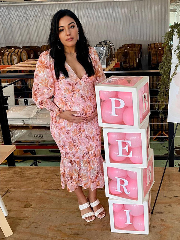 fotobeyou Pink Floral Smocked Mermaid Deep V-neck Lantern Sleeve Elegant Cocktail Party Maternity Photoshoot Baby Shower Maxi Dress