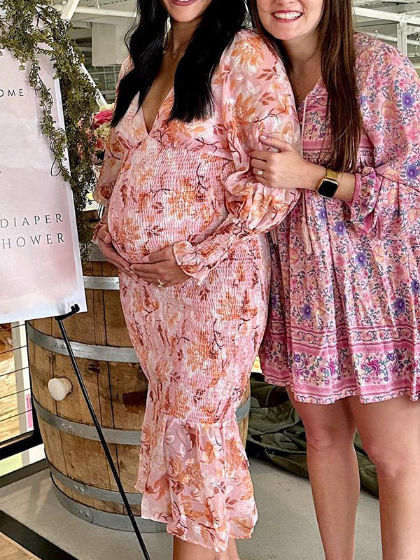 fotobeyou Pink Floral Smocked Mermaid Deep V-neck Lantern Sleeve Elegant Cocktail Party Maternity Photoshoot Baby Shower Maxi Dress