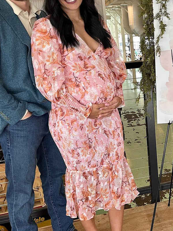 fotobeyou Pink Floral Smocked Mermaid Deep V-neck Lantern Sleeve Elegant Cocktail Party Maternity Photoshoot Baby Shower Maxi Dress