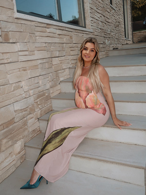 fotobeyou Floral Printed Bandeau Strapless Bodycon Sleeveless Chic Baby Moon Party Going Out Maternity Photoshoot Baby Shower Maxi Dress