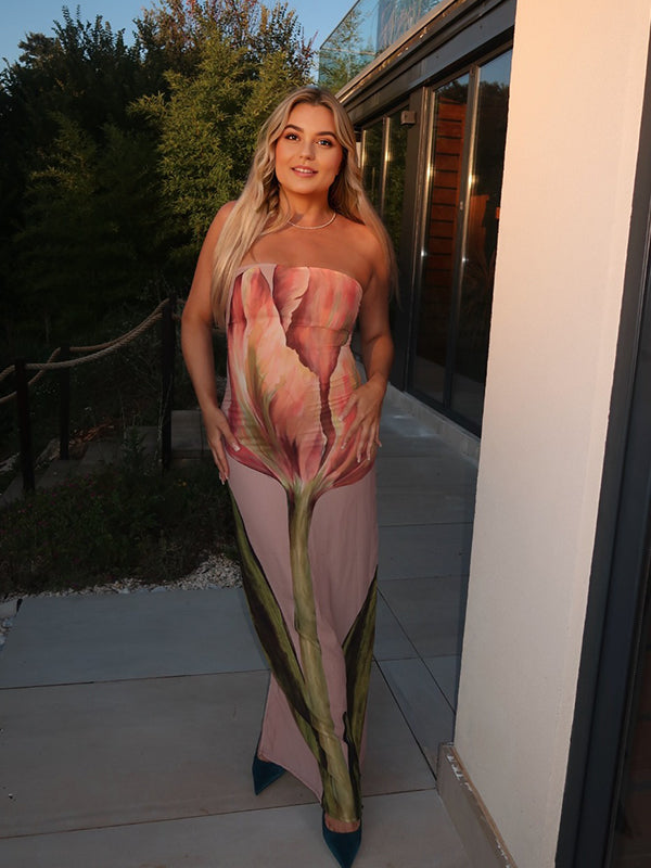 fotobeyou Floral Printed Bandeau Strapless Bodycon Sleeveless Chic Baby Moon Party Going Out Maternity Photoshoot Baby Shower Maxi Dress