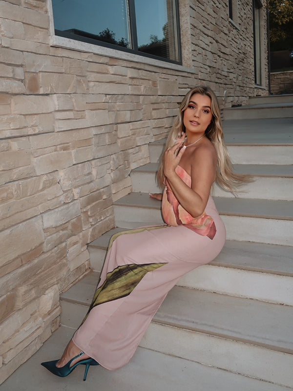 fotobeyou Floral Printed Bandeau Strapless Bodycon Sleeveless Chic Baby Moon Party Going Out Maternity Photoshoot Baby Shower Maxi Dress