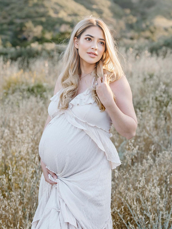 fotobeyou Boho Solid Color Ruffle Halter Neck Backless Tie Back V-Neck Holiday Gowns Photoshoot Maternity Maxi Dress