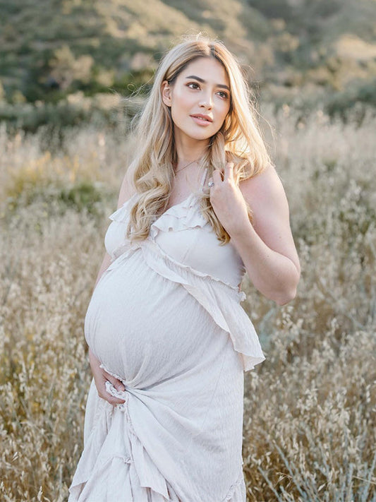 fotobeyou Boho Solid Color Ruffle Halter Neck Backless Tie Back V-Neck Holiday Gowns Photoshoot Maternity Maxi Dress