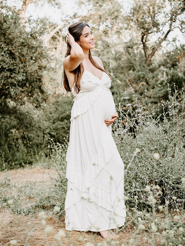 fotobeyou Boho Solid Color Ruffle Halter Neck Backless Tie Back V-Neck Holiday Gowns Photoshoot Maternity Maxi Dress