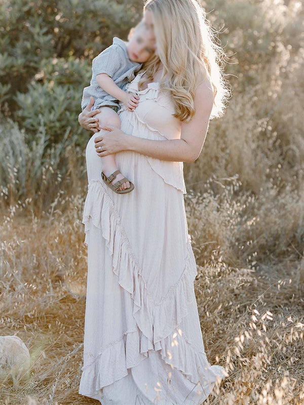 fotobeyou Boho Solid Color Ruffle Halter Neck Backless Tie Back V-Neck Holiday Gowns Photoshoot Maternity Maxi Dress