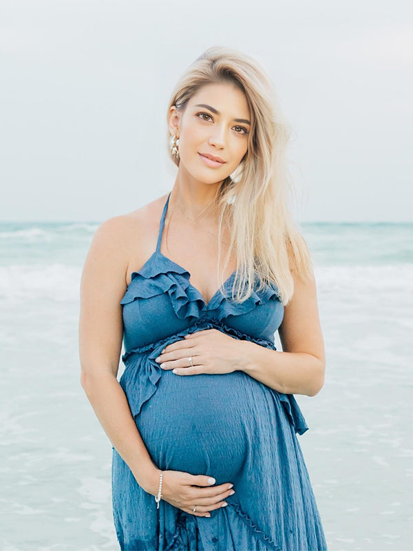 fotobeyou Boho Solid Color Ruffle Halter Neck Backless Tie Back V-Neck Holiday Gowns Photoshoot Maternity Maxi Dress