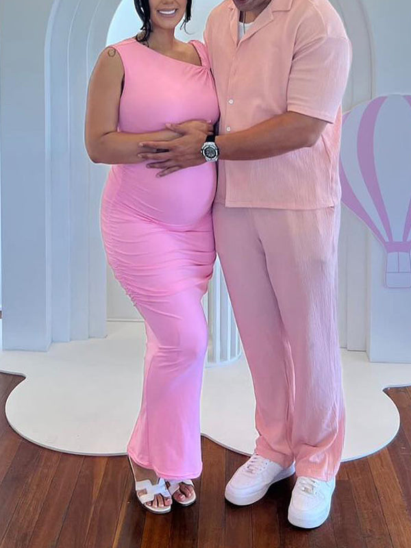 fotobeyou Pink Irregular Backless Side Slit Bodycon High Waist Going Out Cocktail Party Gowns Baby Shower Maternity Maxi Dress