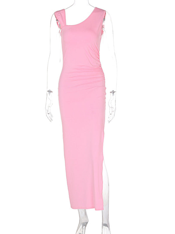 fotobeyou Pink Irregular Backless Side Slit Bodycon High Waist Going Out Cocktail Party Gowns Baby Shower Maternity Maxi Dress