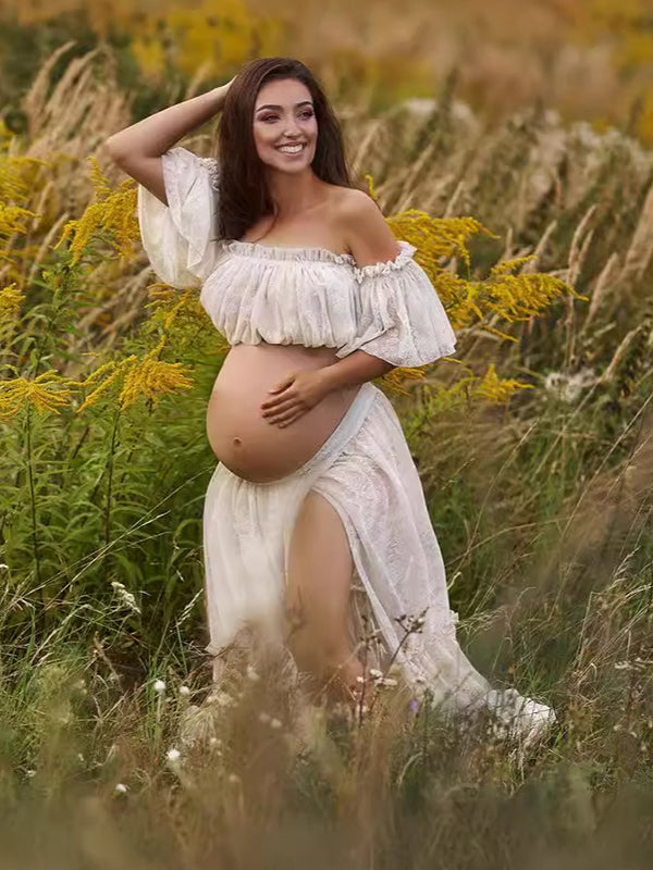 fotobeyou White Boho Lace Bandeau Crop Ruffle 2-in-1 Side Slit Photoshoot Maternity Maxi Dress