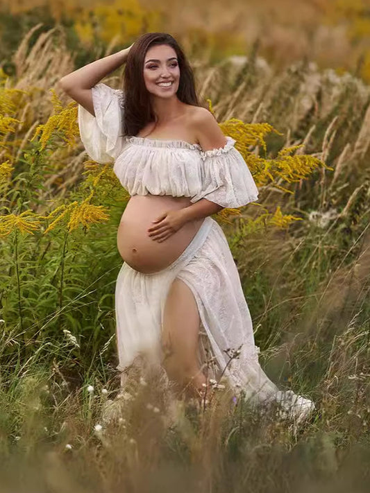 fotobeyou White Boho Lace Bandeau Crop Ruffle 2-in-1 Side Slit Photoshoot Maternity Maxi Dress