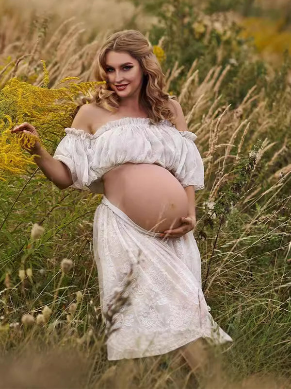 fotobeyou White Boho Lace Bandeau Crop Ruffle 2-in-1 Side Slit Photoshoot Maternity Maxi Dress