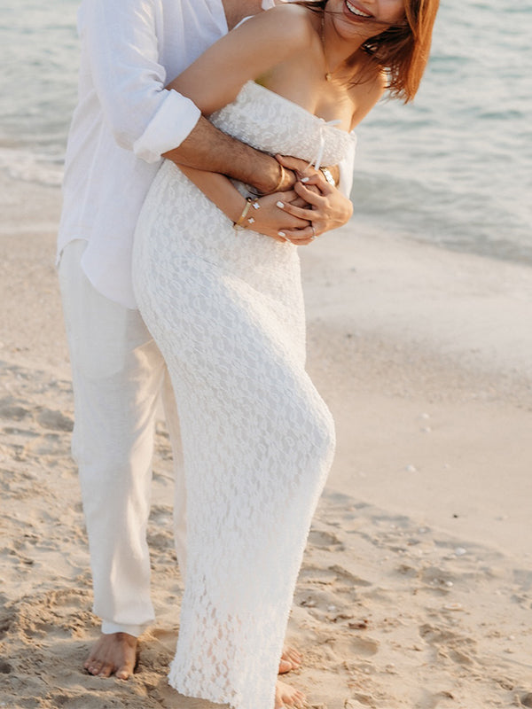 fotobeyou White Lace Bow Mermaid Bodycon Elegant Photoshoot Baby Shower Maternity Maxi Dress