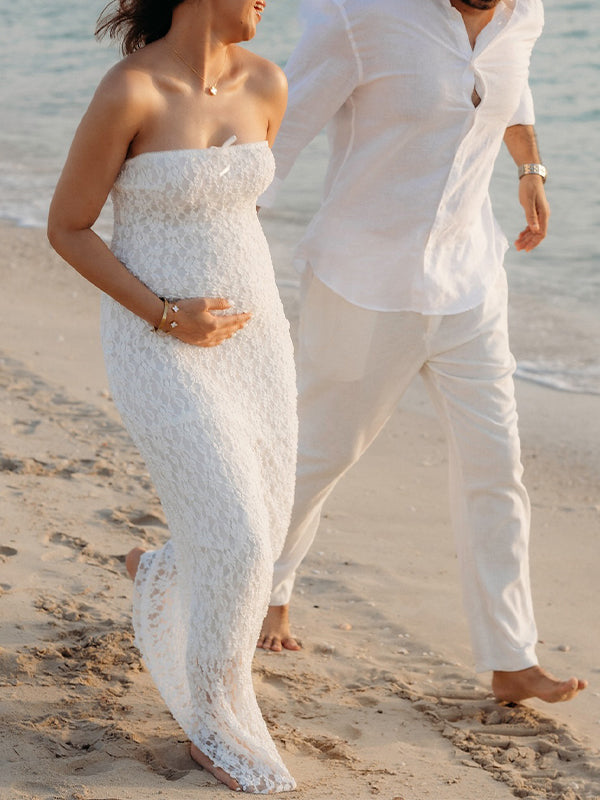 fotobeyou White Lace Bow Mermaid Bodycon Elegant Photoshoot Baby Shower Maternity Maxi Dress