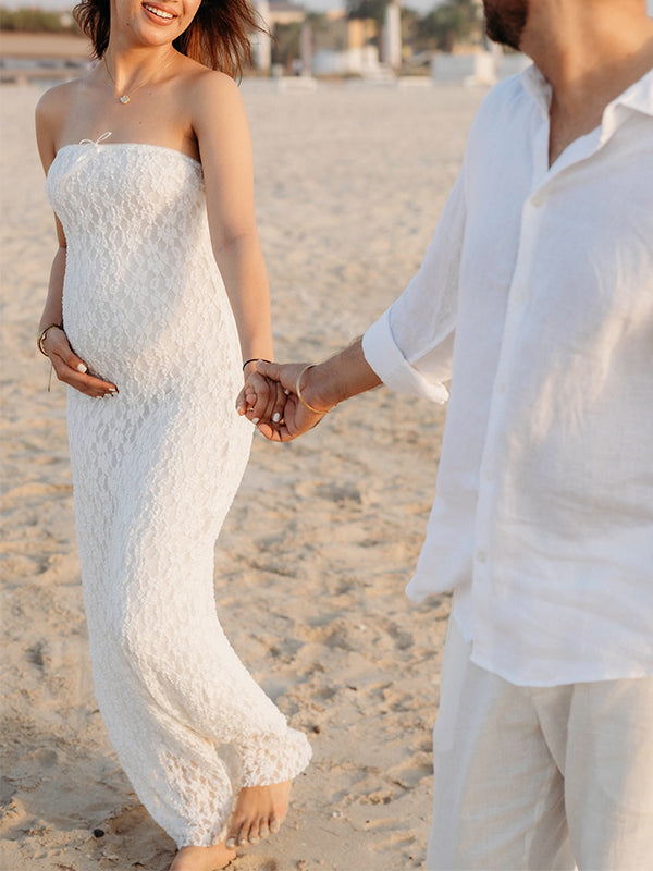 fotobeyou White Lace Bow Mermaid Bodycon Elegant Photoshoot Baby Shower Maternity Maxi Dress